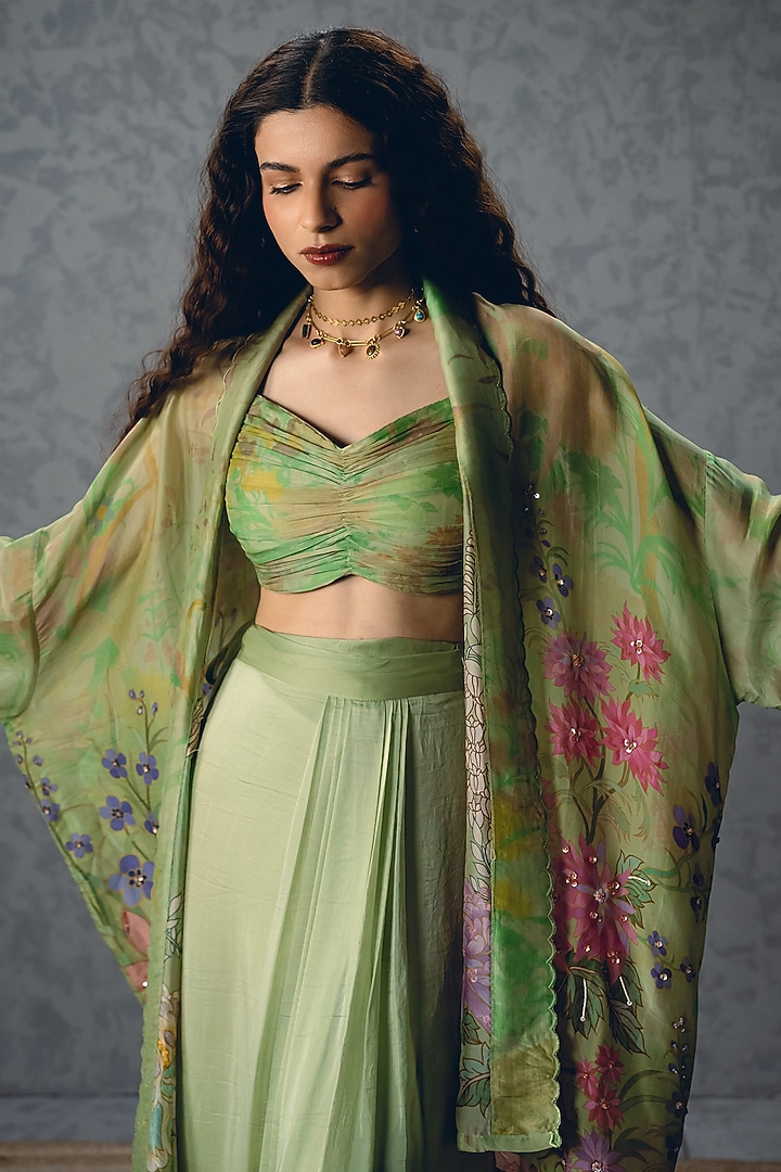 Green Silk Organza Floral Printed Pleated Jacket Set by Paulmi & Harsh at Pernia's Pop Up Shop