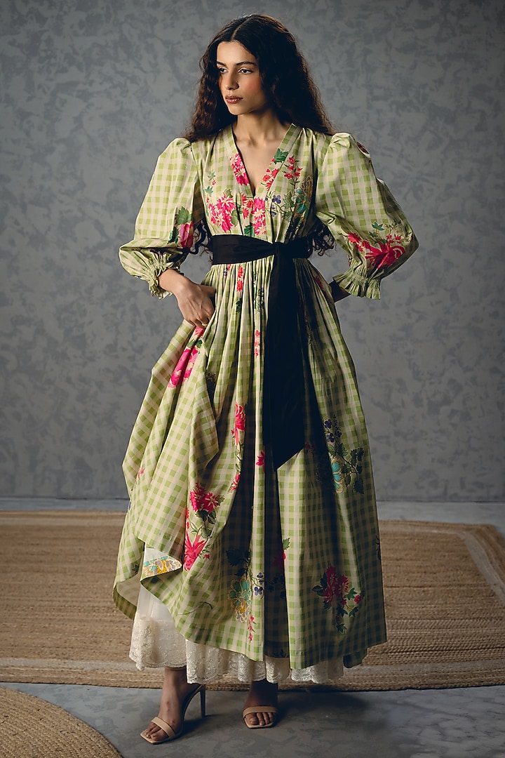 Green Poplin Floral Printed Checkered Summer Dress by Paulmi & Harsh at Pernia's Pop Up Shop