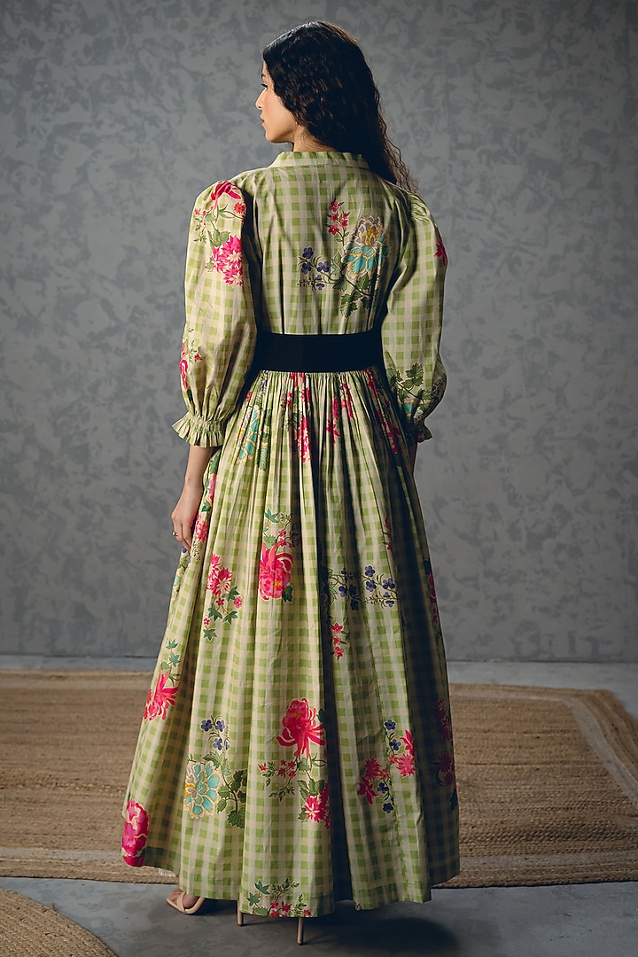 Green Poplin Floral Printed Checkered Summer Dress by Paulmi & Harsh at Pernia's Pop Up Shop