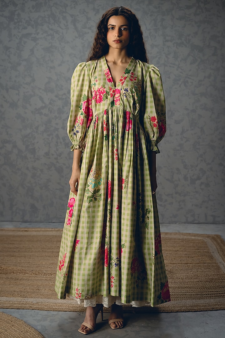 Green Poplin Floral Printed Checkered Summer Dress by Paulmi & Harsh at Pernia's Pop Up Shop