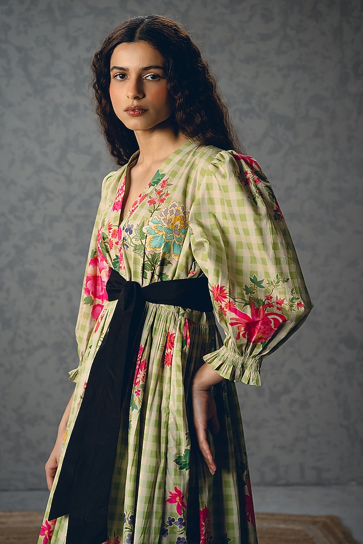 Green Poplin Floral Printed Checkered Summer Dress by Paulmi & Harsh at Pernia's Pop Up Shop