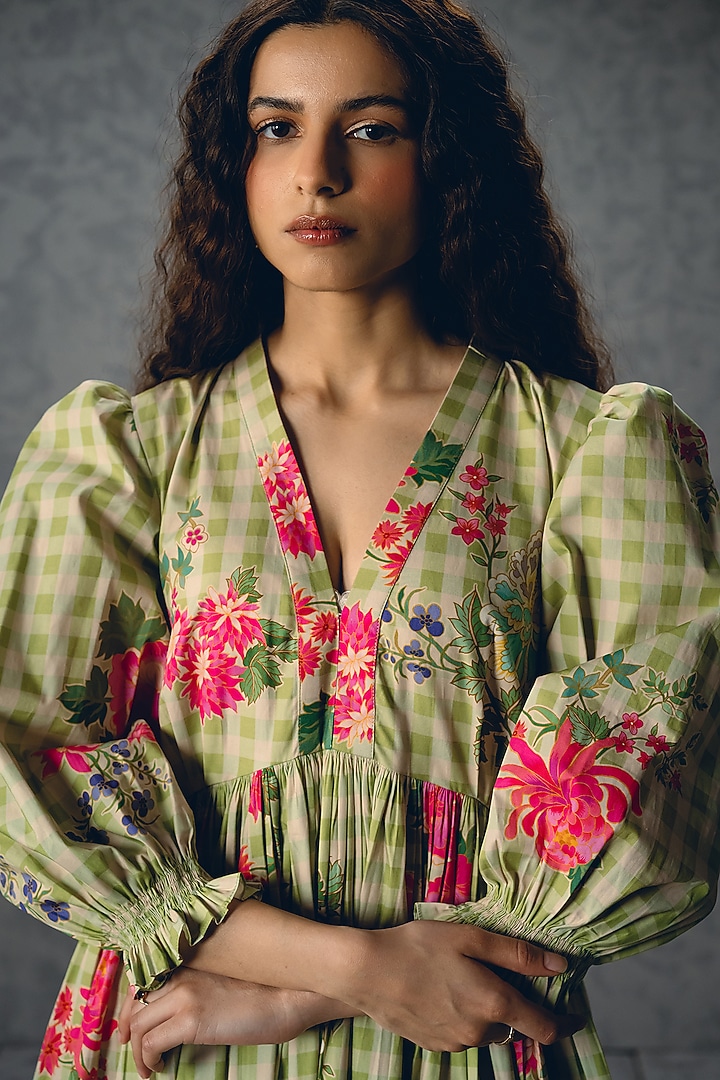 Green Poplin Floral Printed Checkered Summer Dress by Paulmi & Harsh at Pernia's Pop Up Shop