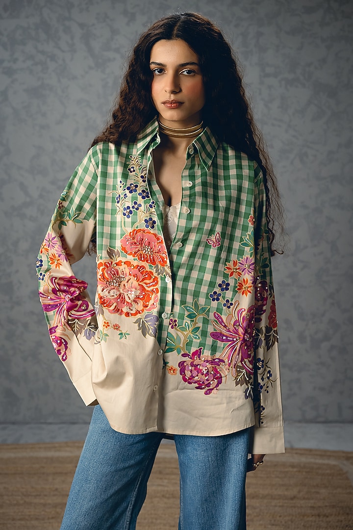 Green Satin Lycra Checkered Shirt by Paulmi & Harsh at Pernia's Pop Up Shop