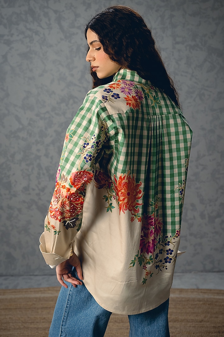 Green Satin Lycra Checkered Shirt by Paulmi & Harsh at Pernia's Pop Up Shop