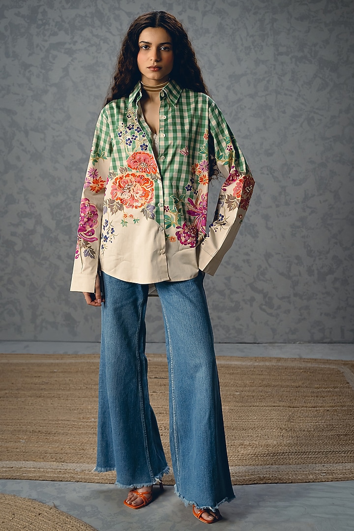 Green Satin Lycra Checkered Shirt by Paulmi & Harsh at Pernia's Pop Up Shop
