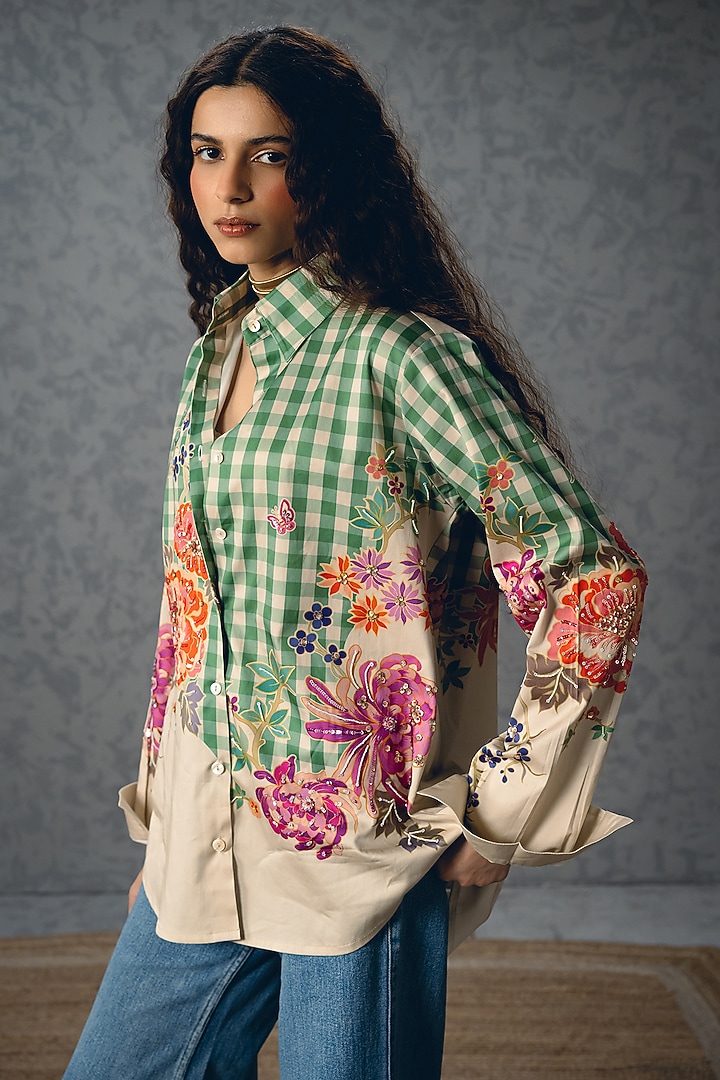 Green Satin Lycra Checkered Shirt by Paulmi & Harsh at Pernia's Pop Up Shop