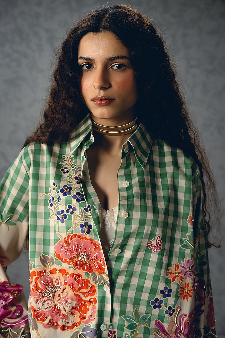 Green Satin Lycra Checkered Shirt by Paulmi & Harsh at Pernia's Pop Up Shop