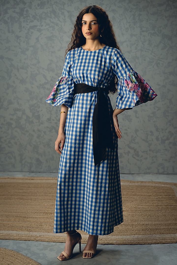 Blue & White Poplin Checkered Summer Dress by Paulmi & Harsh at Pernia's Pop Up Shop