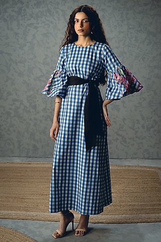 Blue & White Poplin Checkered Dress by Paulmi & Harsh