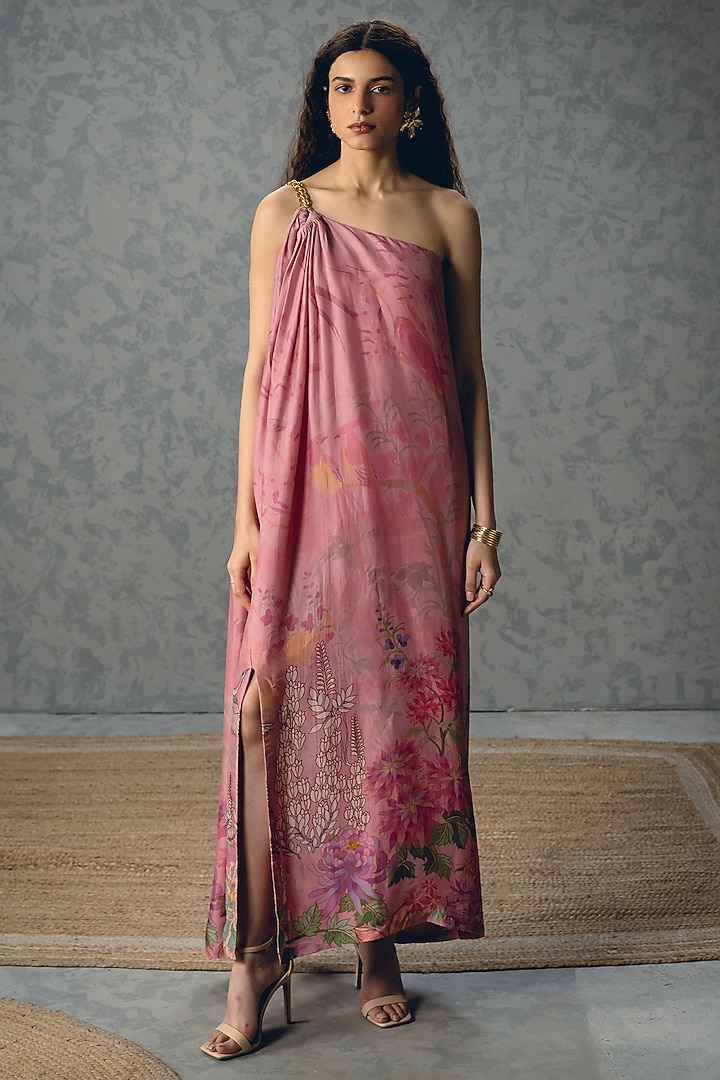 Pink Habutai Silk Printed One-Shoulder Chain Summer Dress by Paulmi & Harsh at Pernia's Pop Up Shop