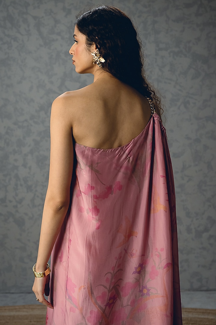 Pink Habutai Silk Printed One-Shoulder Chain Summer Dress by Paulmi & Harsh at Pernia's Pop Up Shop