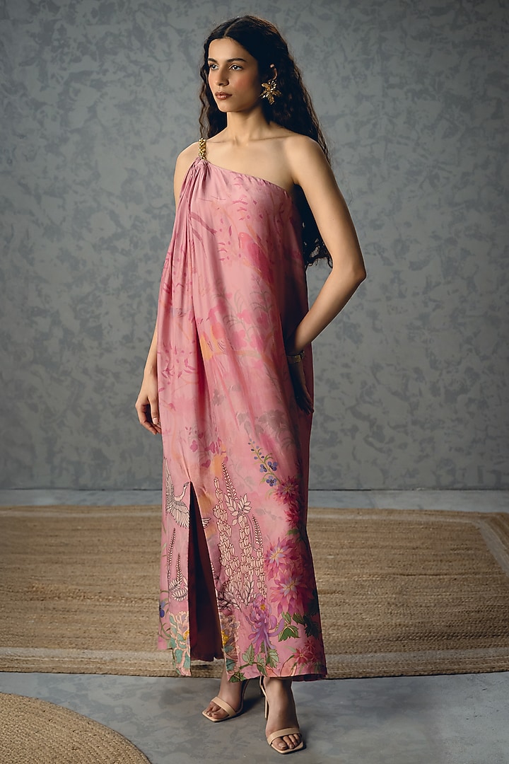 Pink Habutai Silk Printed One-Shoulder Chain Summer Dress by Paulmi & Harsh at Pernia's Pop Up Shop