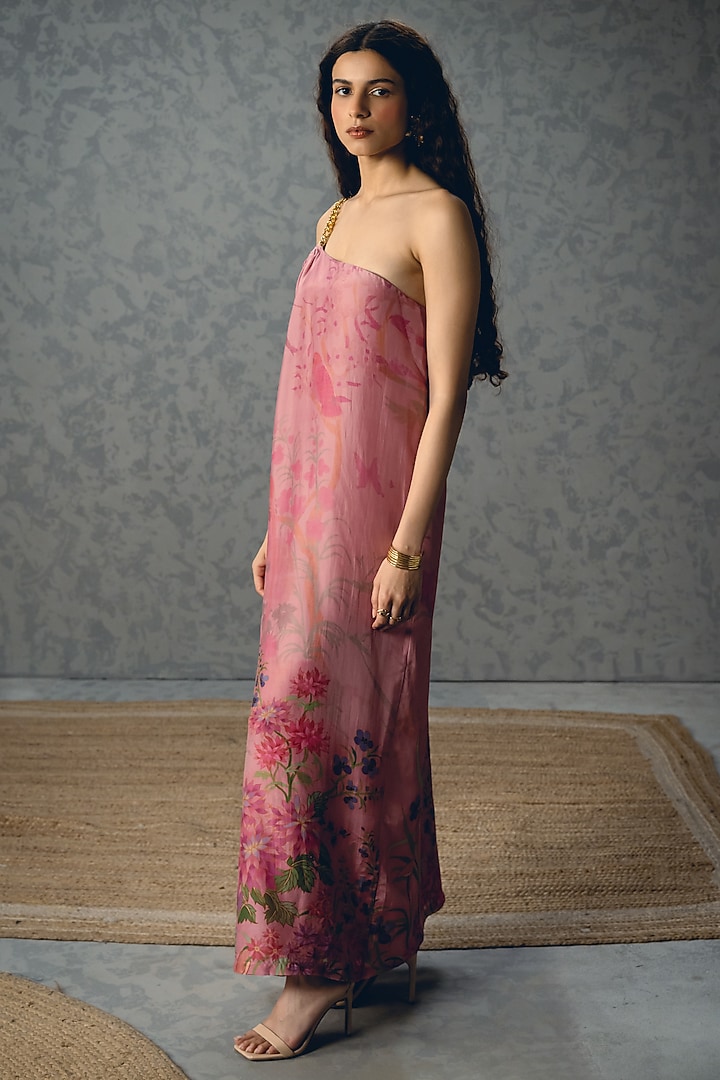 Pink Habutai Silk Printed One-Shoulder Chain Summer Dress by Paulmi & Harsh at Pernia's Pop Up Shop