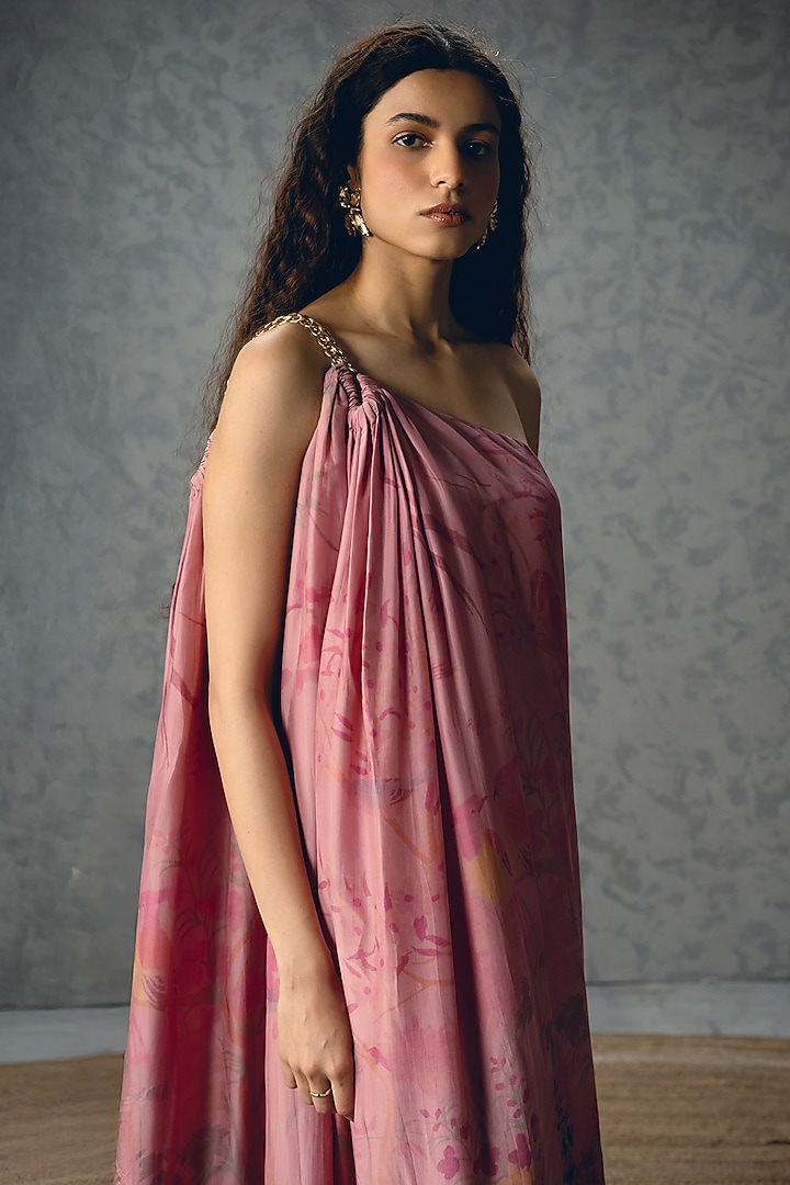 Pink Habutai Silk Printed One-Shoulder Chain Summer Dress by Paulmi & Harsh at Pernia's Pop Up Shop