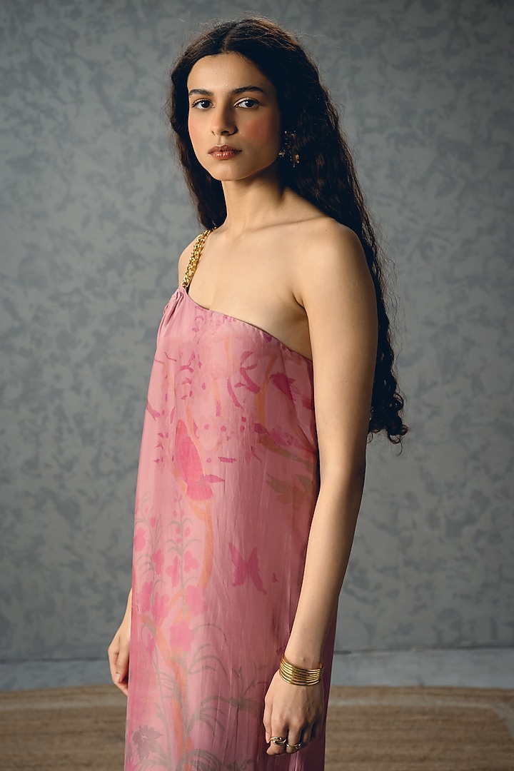 Pink Habutai Silk Printed One-Shoulder Chain Summer Dress by Paulmi & Harsh at Pernia's Pop Up Shop