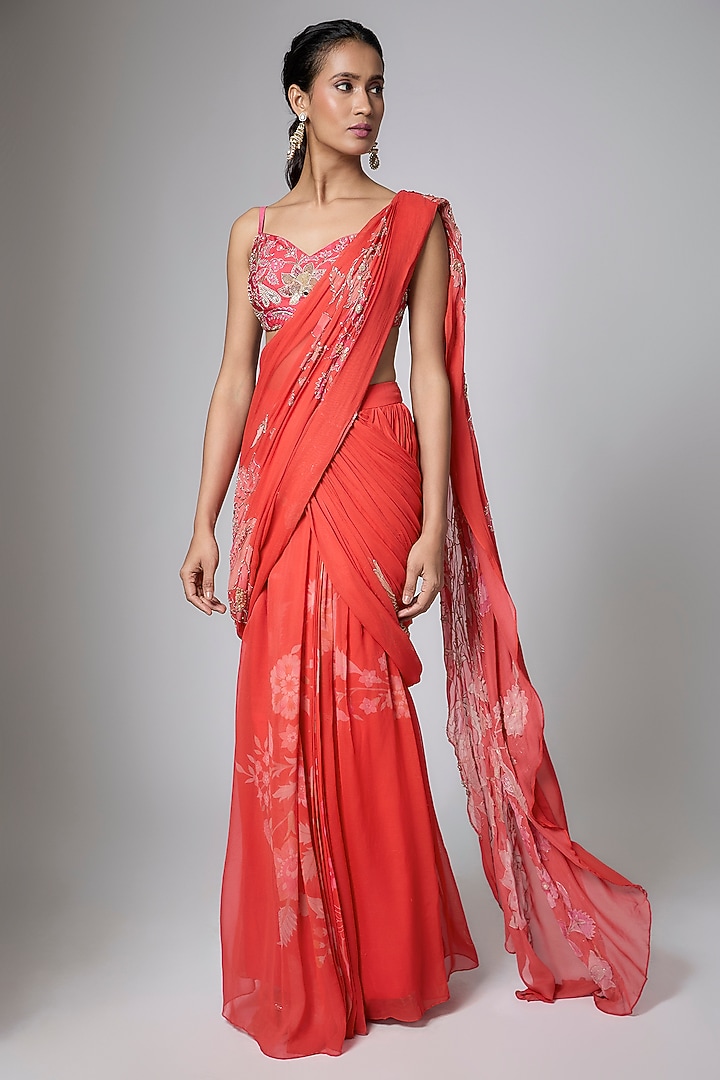 Orange Gokul Chiniya Floral Printed Wedding Saree Set by Paulmi & Harsh at Pernia's Pop Up Shop