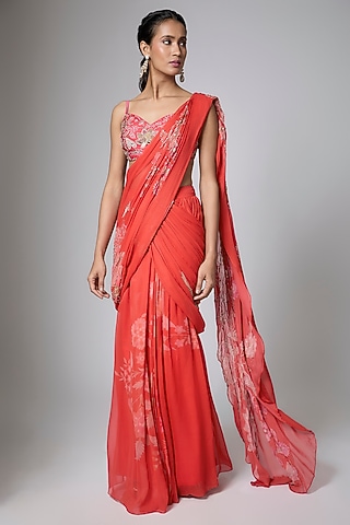 Orange Gokul Chiniya Floral Printed Saree Set by Paulmi & Harsh