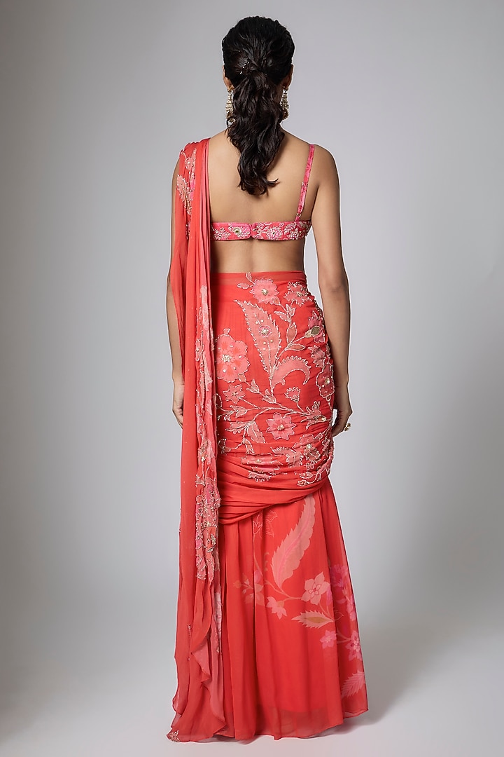 Orange Gokul Chiniya Floral Printed Wedding Saree Set by Paulmi & Harsh at Pernia's Pop Up Shop