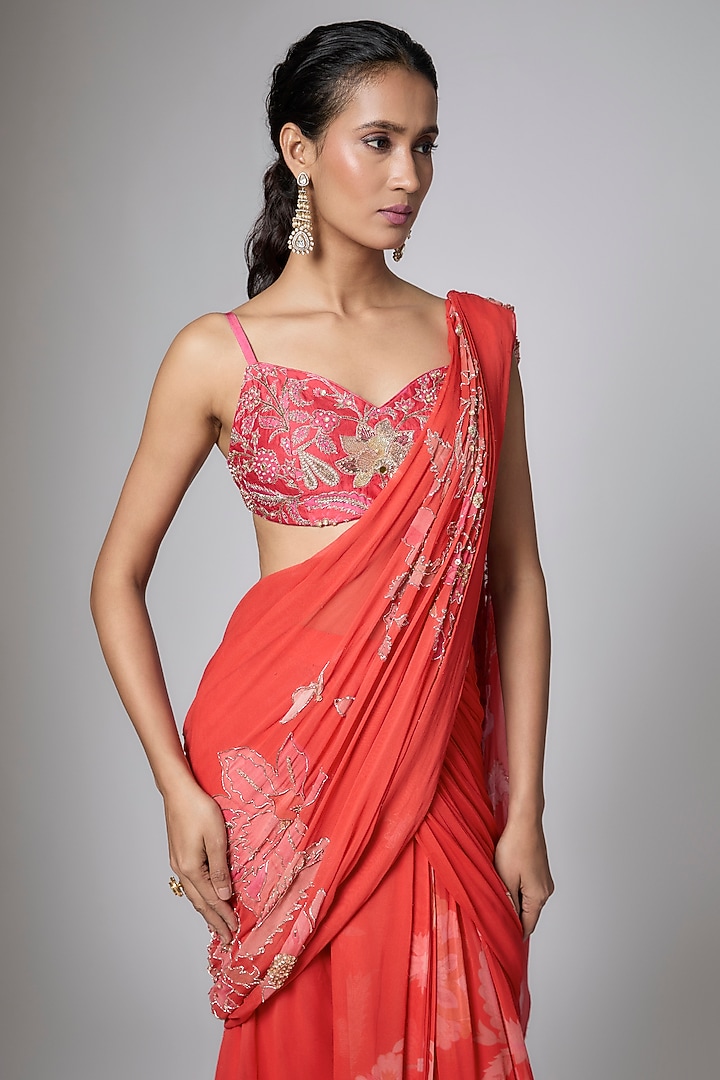Orange Gokul Chiniya Floral Printed Wedding Saree Set by Paulmi & Harsh at Pernia's Pop Up Shop