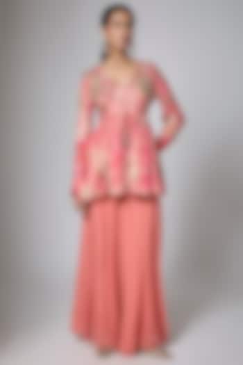 Peach Georgette Palazzo Set by Paulmi & Harsh at Pernia's Pop Up Shop