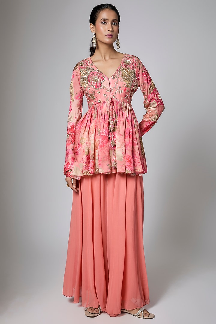 Peach Georgette Palazzo Set by Paulmi & Harsh at Pernia's Pop Up Shop