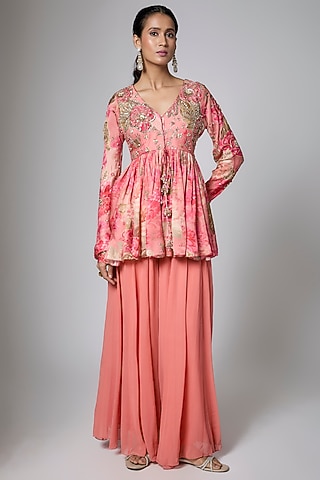 Peach Georgette Palazzo Set by Paulmi & Harsh