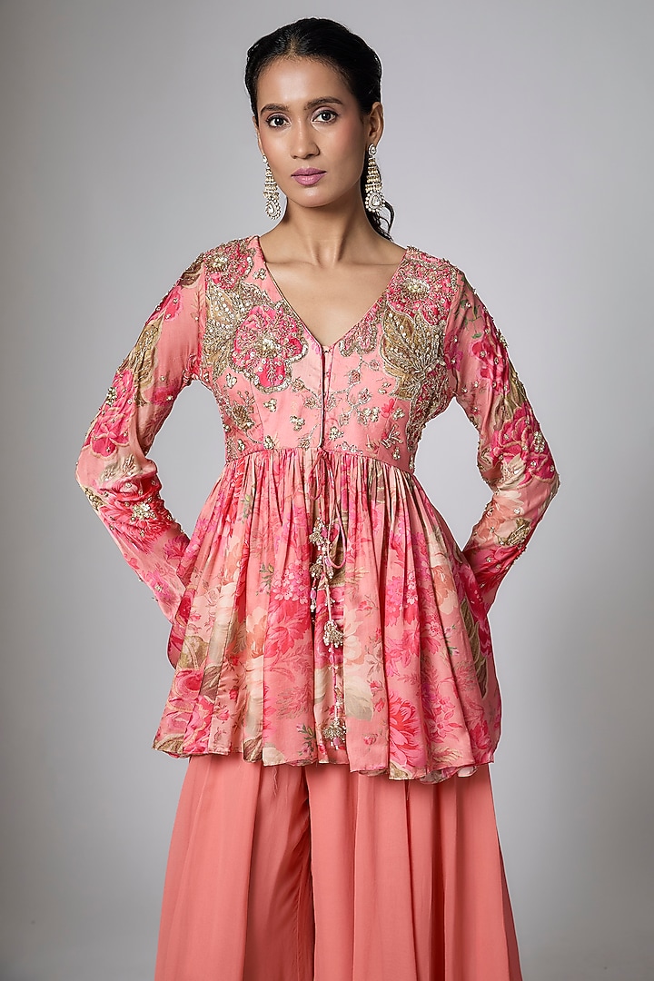 Peach Georgette Palazzo Set by Paulmi & Harsh at Pernia's Pop Up Shop