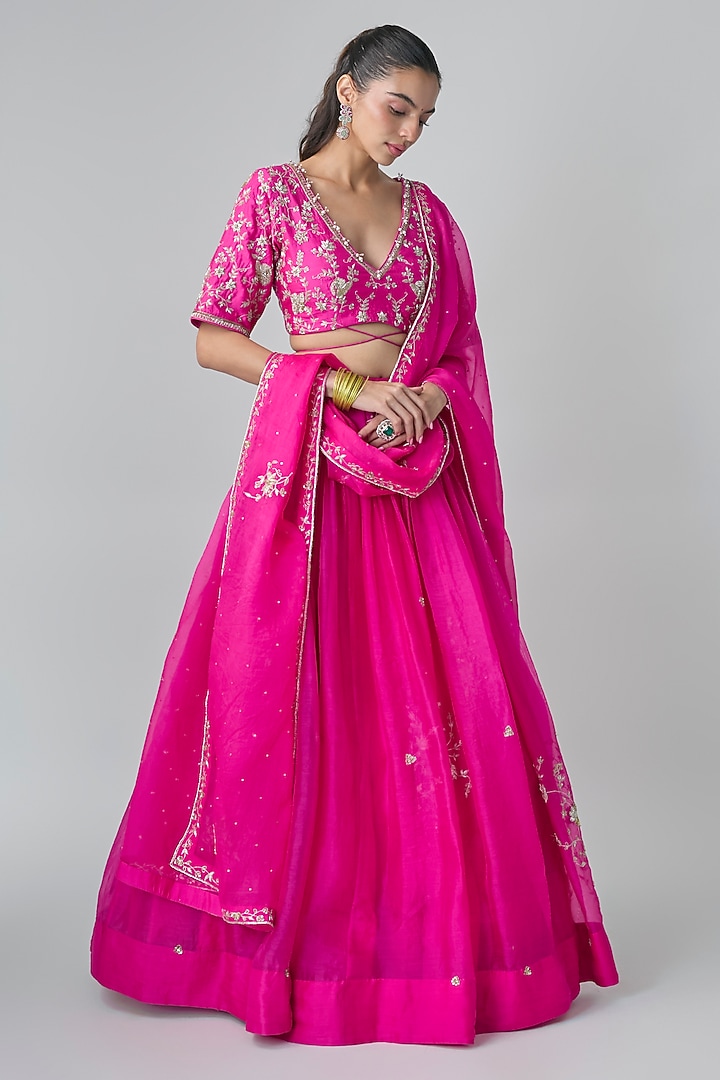 Hot Pink Pure Organza Zardosi Hand Embroidered Wedding Lehenga Set by Paulmi & Harsh at Pernia's Pop Up Shop