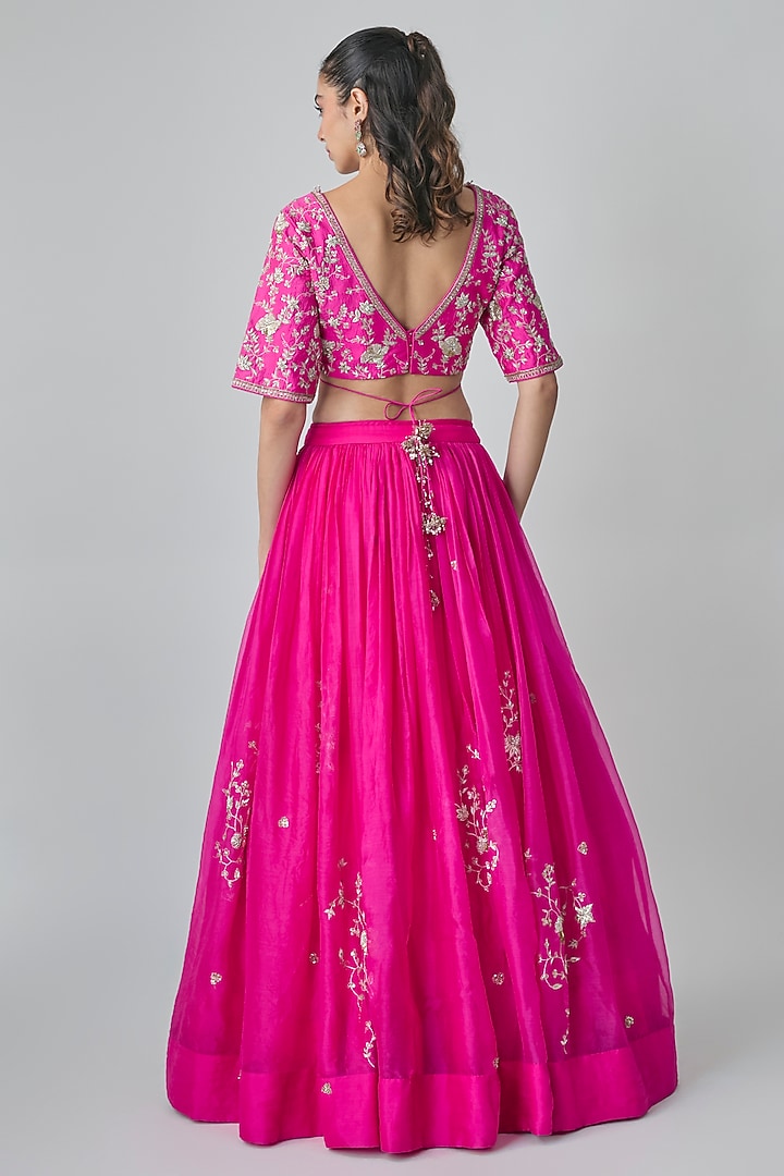 Hot Pink Pure Organza Zardosi Hand Embroidered Wedding Lehenga Set by Paulmi & Harsh at Pernia's Pop Up Shop