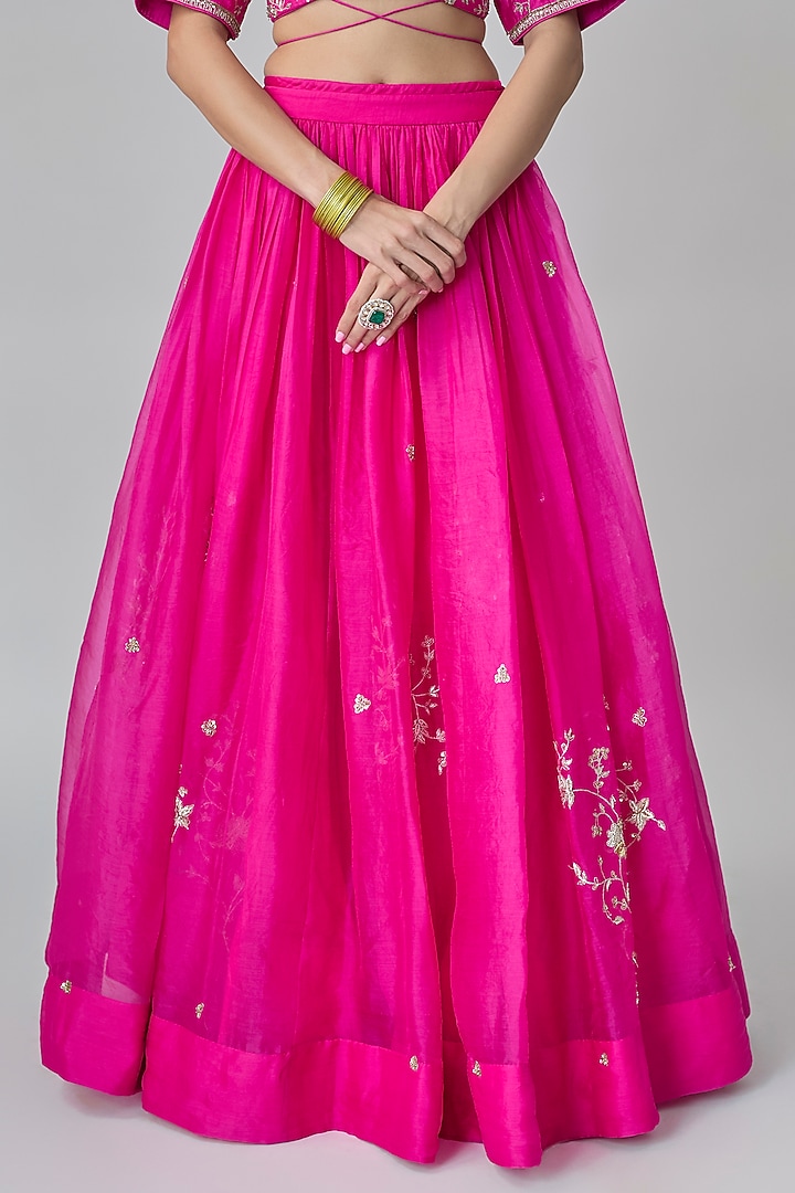 Hot Pink Pure Organza Zardosi Hand Embroidered Wedding Lehenga Set by Paulmi & Harsh at Pernia's Pop Up Shop