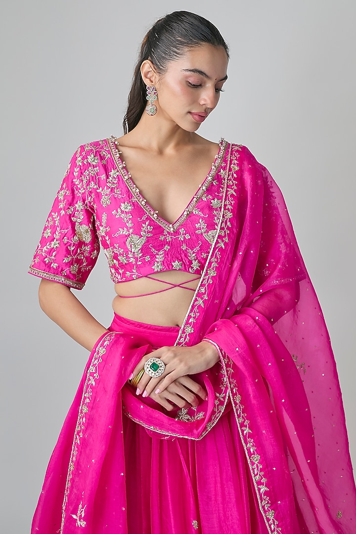 Hot Pink Pure Organza Zardosi Hand Embroidered Wedding Lehenga Set by Paulmi & Harsh at Pernia's Pop Up Shop