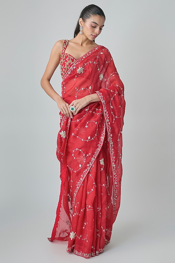 Red Pure Organza Hand Embroidered Wedding Saree Set by Paulmi & Harsh at Pernia's Pop Up Shop