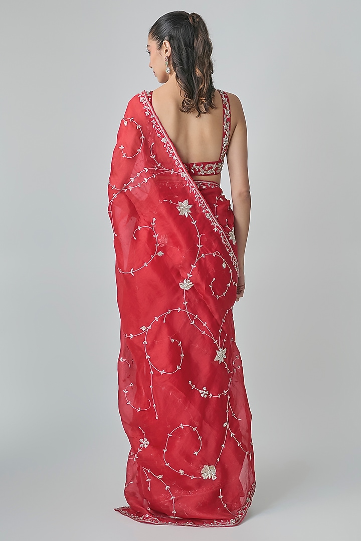 Red Pure Organza Hand Embroidered Wedding Saree Set by Paulmi & Harsh at Pernia's Pop Up Shop