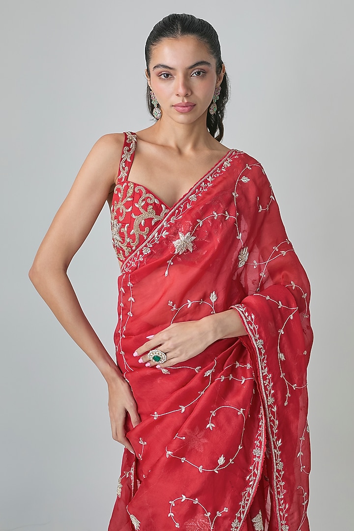 Red Pure Organza Hand Embroidered Wedding Saree Set by Paulmi & Harsh at Pernia's Pop Up Shop
