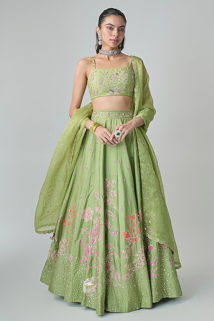 Green Pure Chiniya Printed & Hand Embroidered Wedding Lehenga Set by Paulmi & Harsh at Pernia's Pop Up Shop