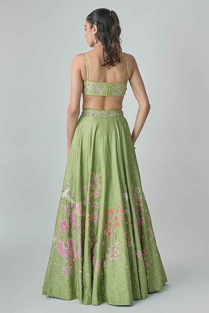 Green Pure Chiniya Printed & Hand Embroidered Wedding Lehenga Set by Paulmi & Harsh at Pernia's Pop Up Shop