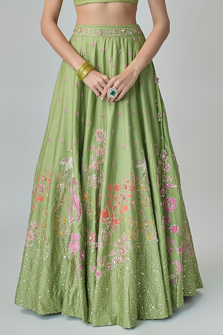 Green Pure Chiniya Printed & Hand Embroidered Wedding Lehenga Set by Paulmi & Harsh at Pernia's Pop Up Shop