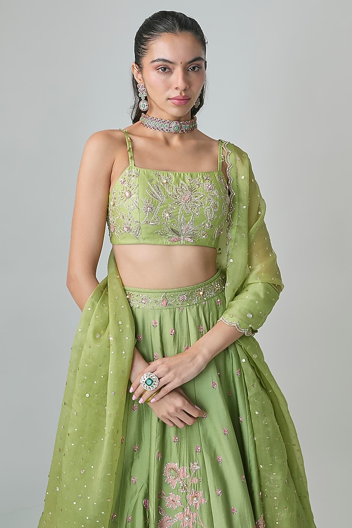 Green Pure Chiniya Printed & Hand Embroidered Wedding Lehenga Set by Paulmi & Harsh at Pernia's Pop Up Shop