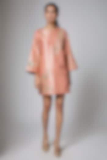Peach Jamawar Mini Vacation Dress by Paulmi & Harsh at Pernia's Pop Up Shop
