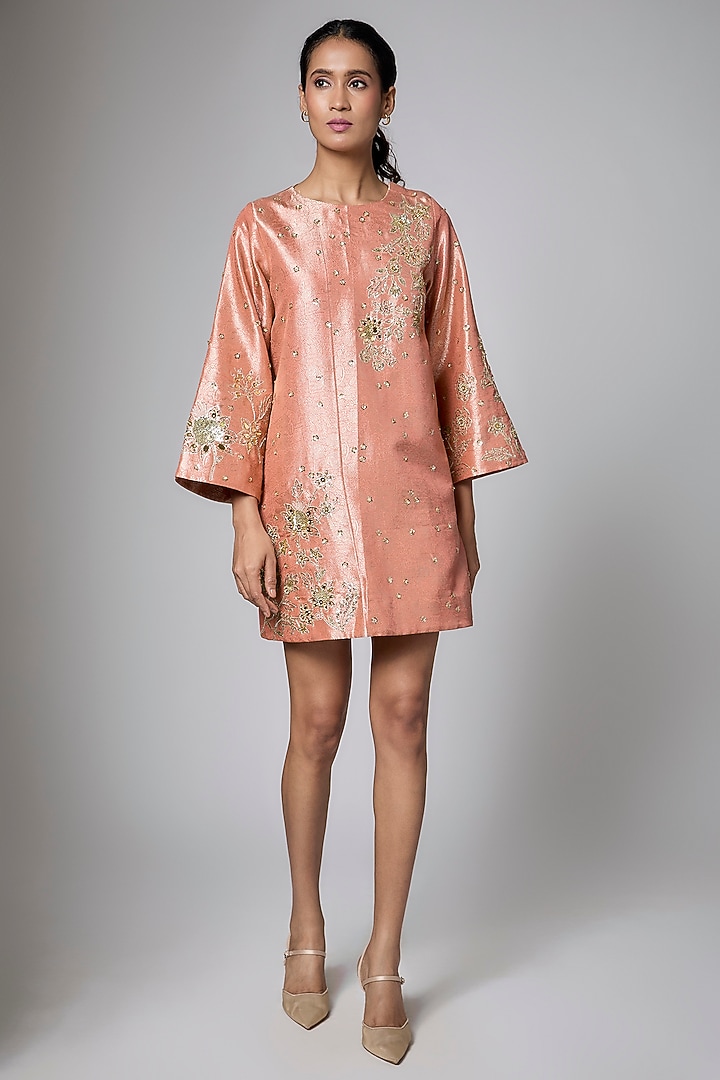 Peach Jamawar Mini Vacation Dress by Paulmi & Harsh at Pernia's Pop Up Shop