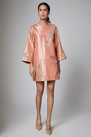 Peach Jamawar Mini Dress by Paulmi & Harsh