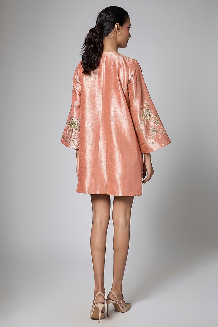Peach Jamawar Mini Vacation Dress by Paulmi & Harsh at Pernia's Pop Up Shop