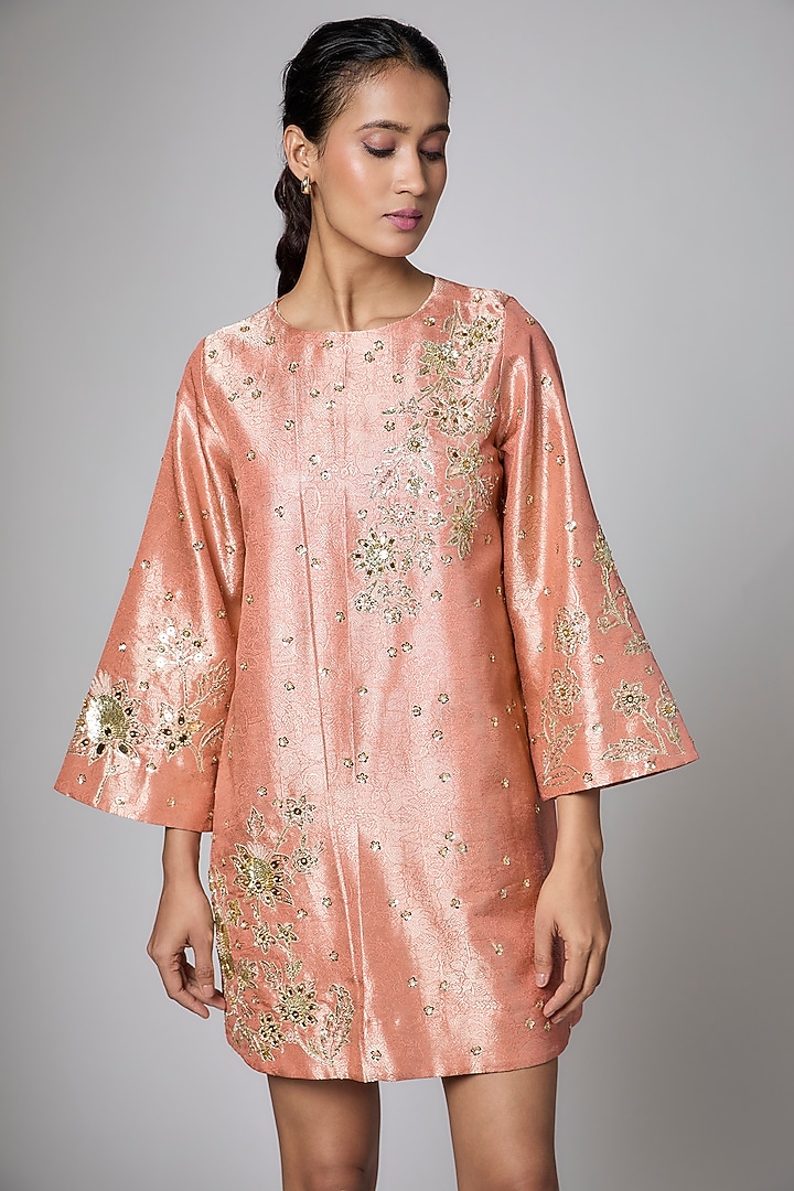 Peach Jamawar Mini Vacation Dress by Paulmi & Harsh at Pernia's Pop Up Shop
