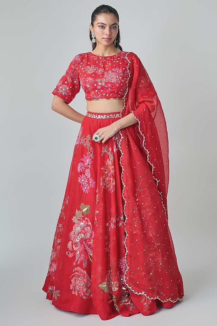 Red Pure Organza Floral Printed & Hand Embroidered Wedding Lehenga Set by Paulmi & Harsh at Pernia's Pop Up Shop