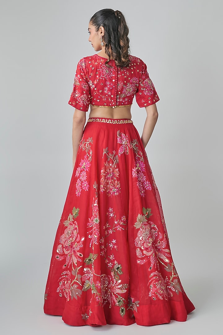 Red Pure Organza Floral Printed & Hand Embroidered Wedding Lehenga Set by Paulmi & Harsh at Pernia's Pop Up Shop