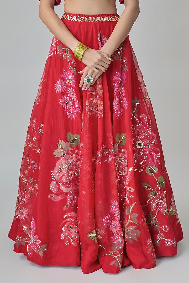 Red Pure Organza Floral Printed & Hand Embroidered Wedding Lehenga Set by Paulmi & Harsh at Pernia's Pop Up Shop