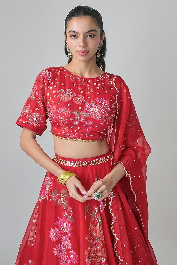 Red Pure Organza Floral Printed & Hand Embroidered Wedding Lehenga Set by Paulmi & Harsh at Pernia's Pop Up Shop