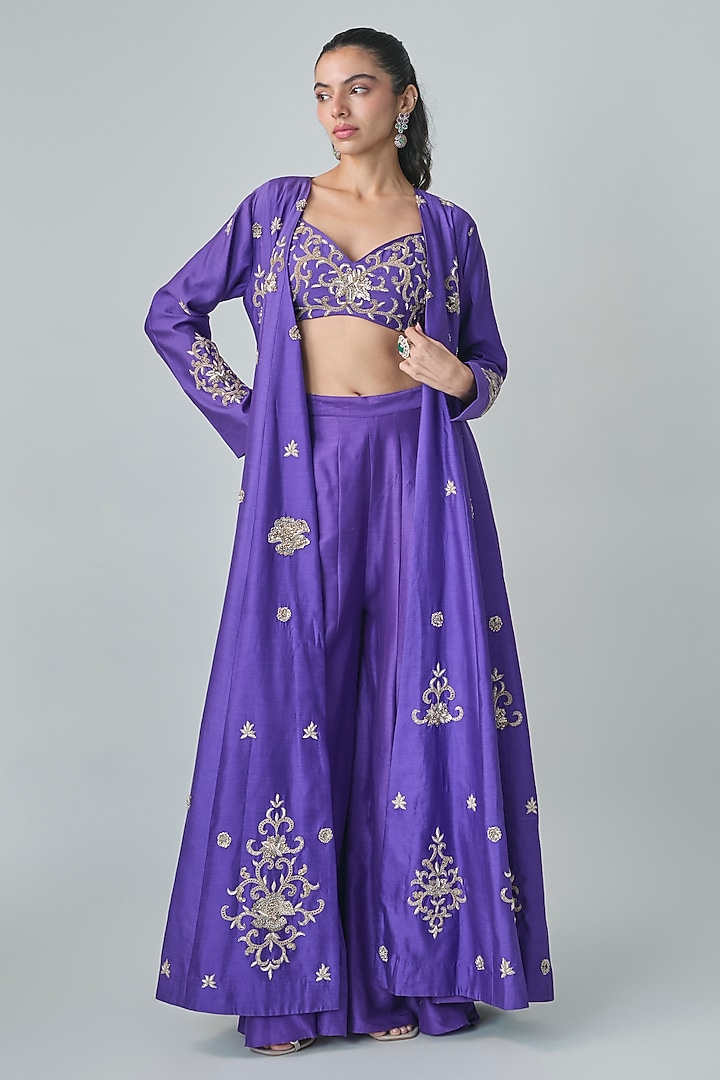 Purple Pure Chiniya Hand Embroidered Jacket Set by Paulmi & Harsh at Pernia's Pop Up Shop