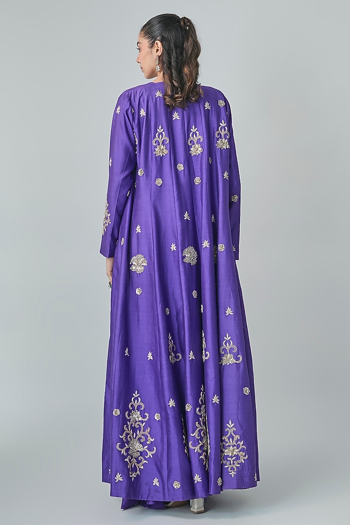 Purple Pure Chiniya Hand Embroidered Jacket Set by Paulmi & Harsh at Pernia's Pop Up Shop