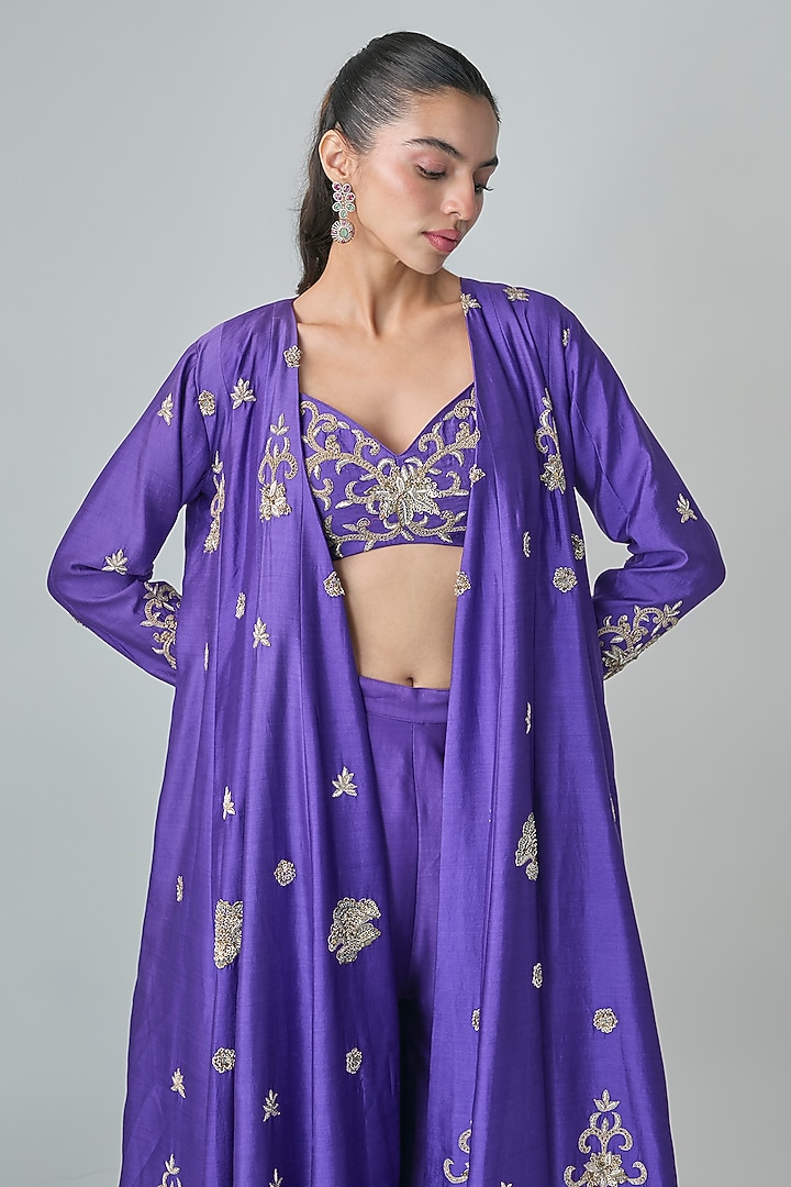 Purple Pure Chiniya Hand Embroidered Jacket Set by Paulmi & Harsh at Pernia's Pop Up Shop